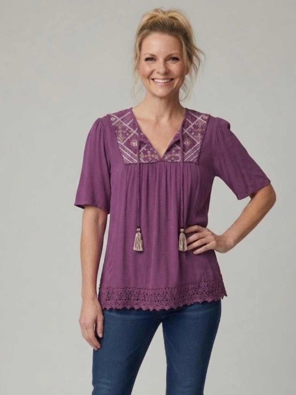 Knox Rose Plum Embroidered Tunic with Tassel Ties